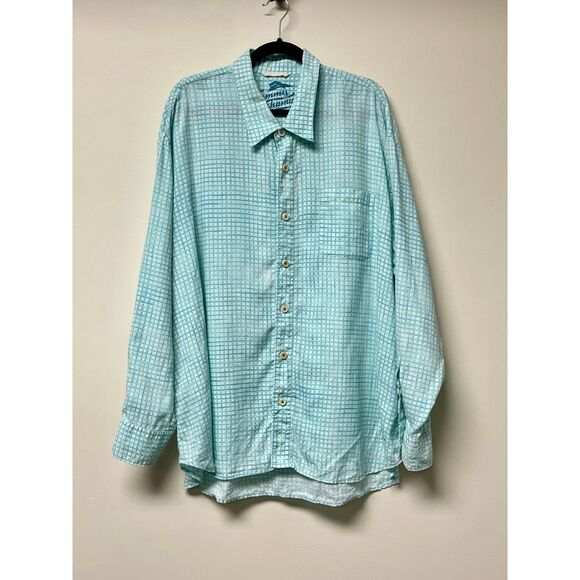Tommy Bahama 100% Linen Turquoise Plaid Long Sleeve Shirt, Sz XXL - Picture 1 of 11